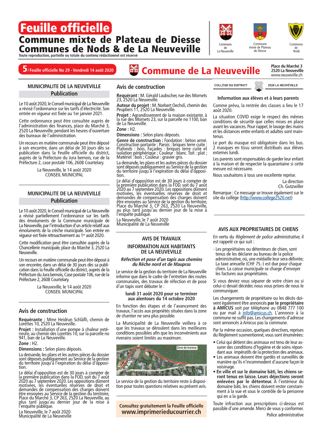 No 29 - Vendredi 14 Août 2020 2520 La Neuveville Commune De La Neuveville