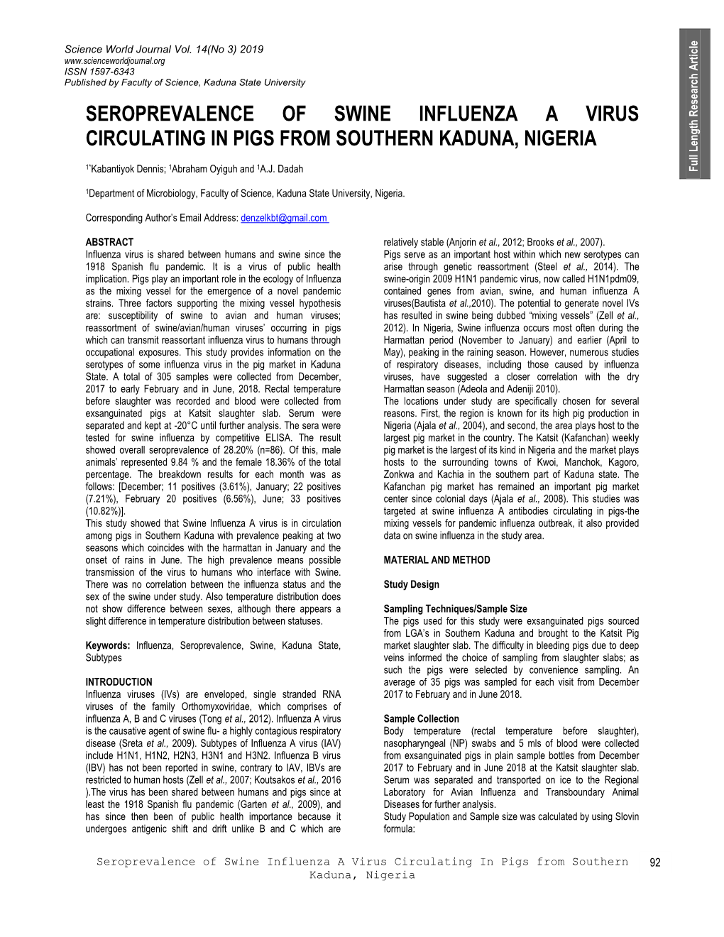 Seroprevalence of Swine Influenza a Virus Circulating in Pigs from Southern Kaduna, Nigeria