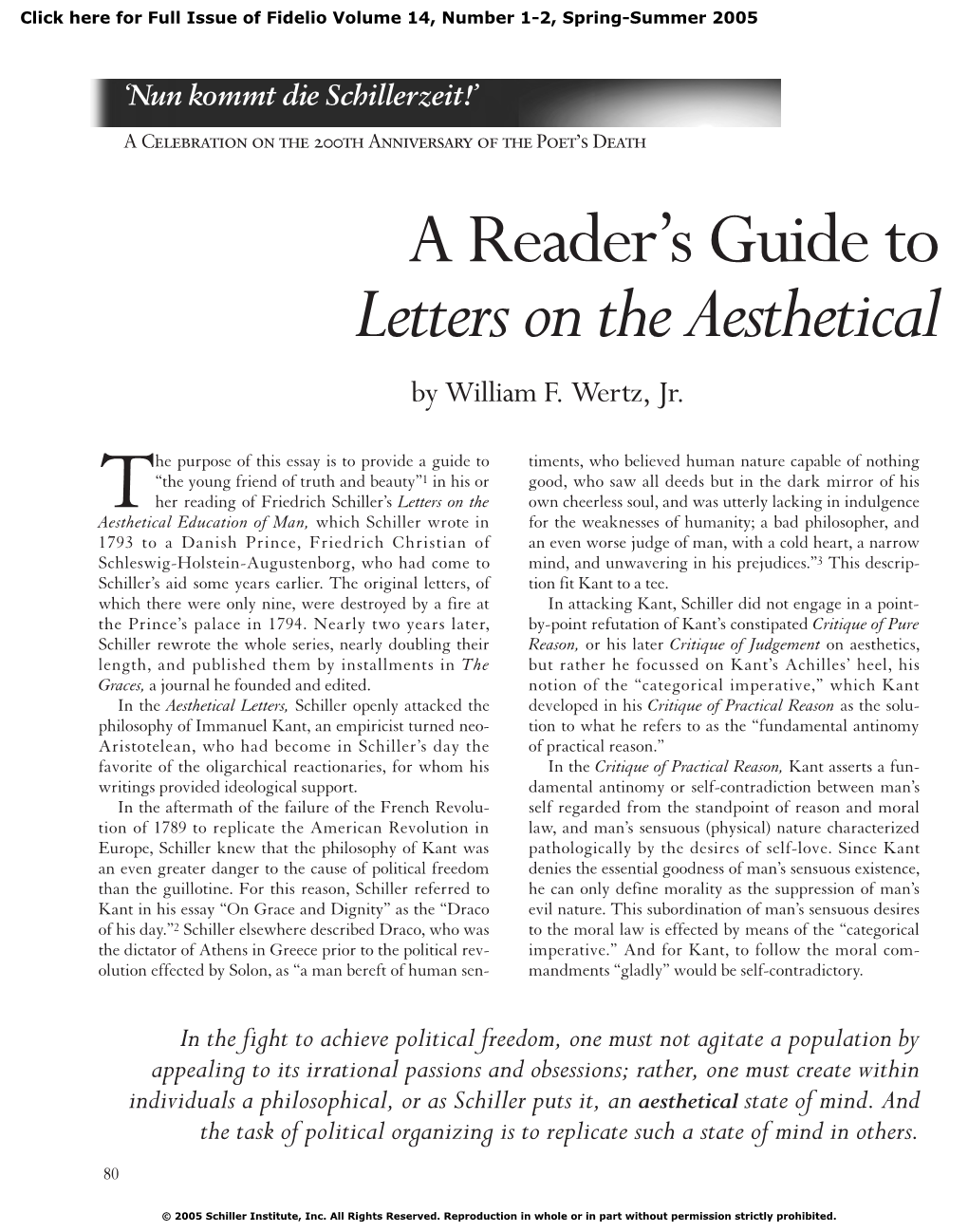 A Reader's Guide to Schiller's Letters on the Aesthetical Education Of