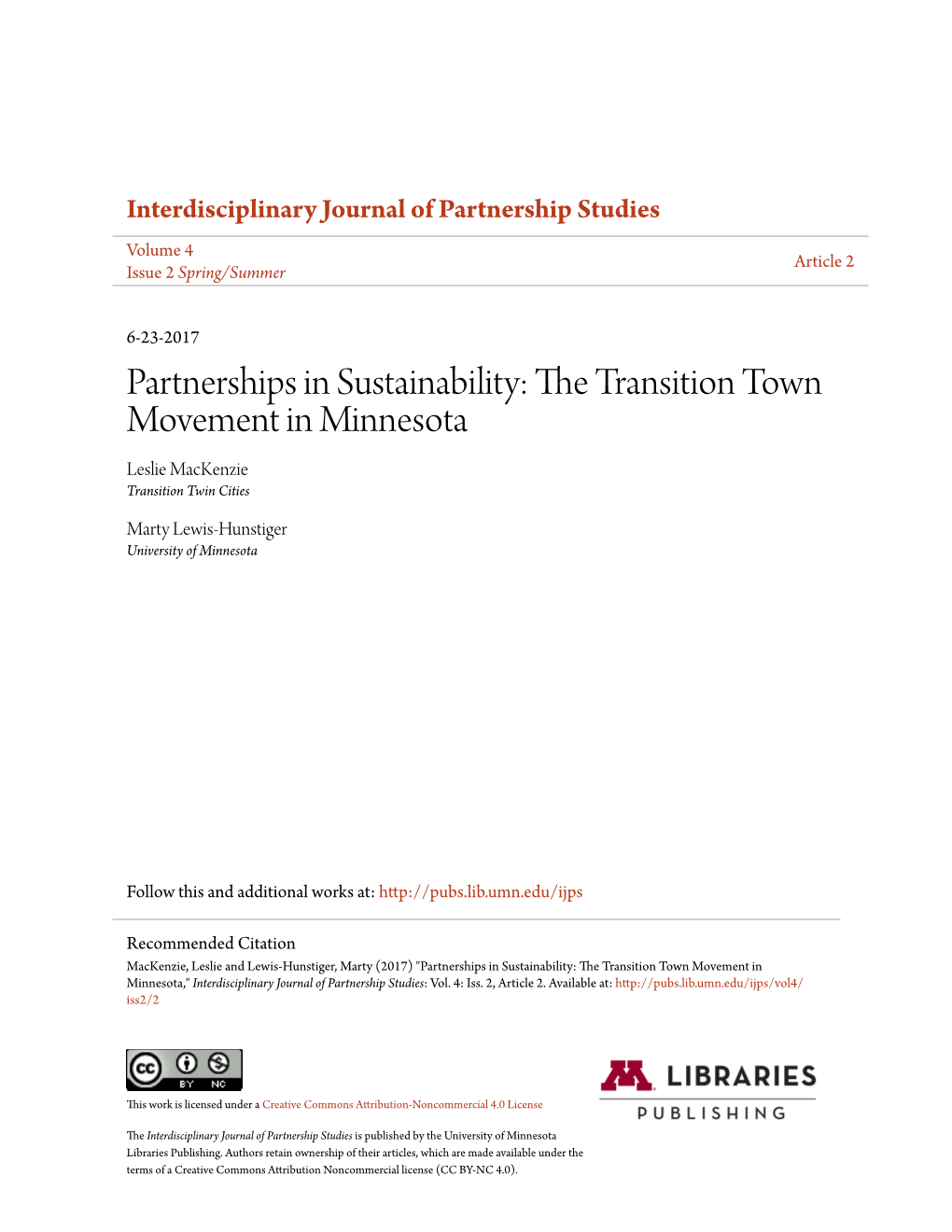 Partnerships in Sustainability: the Transition Town Movement in Minnesota