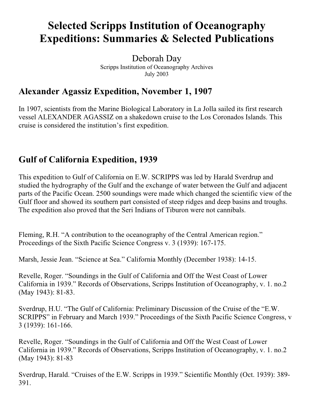 Selected Scripps Institution of Oceanography Expeditions: Summaries & Selected Publications