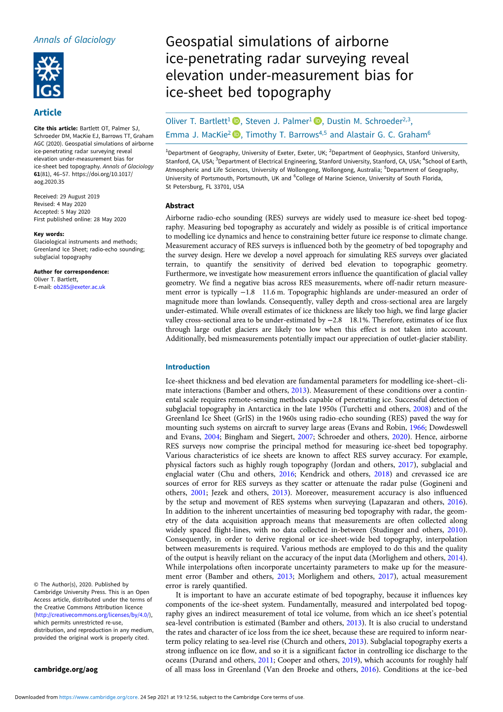 Geospatial Simulations of Airborne Ice-Penetrating Radar Surveying Reveal Elevation Under-Measurement Bias for Ice-Sheet Bed Topography Article Oliver T