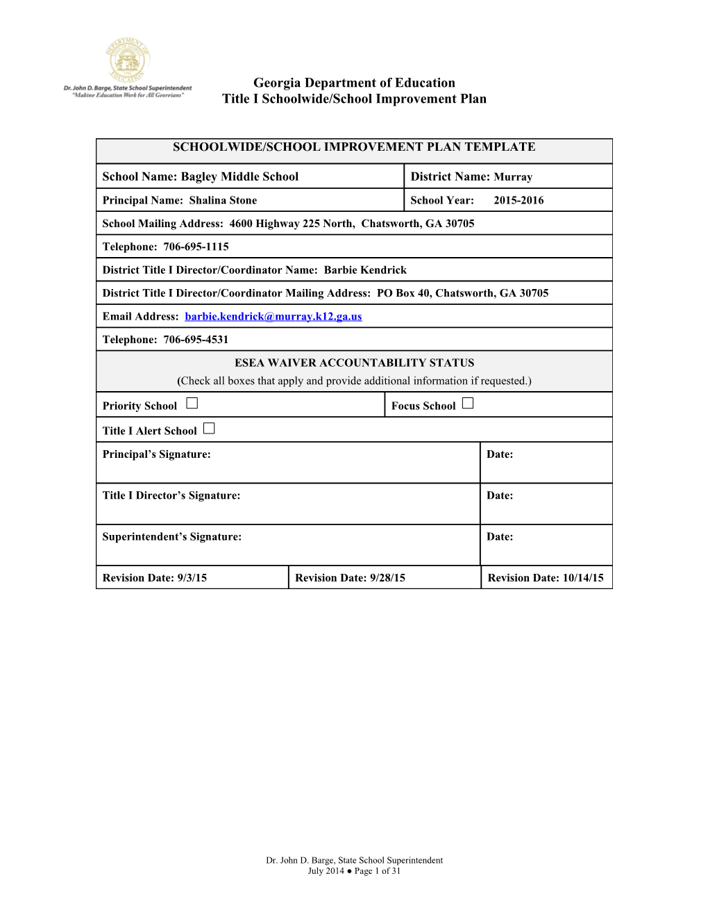 Title I Schoolwide/School Improvement Plan