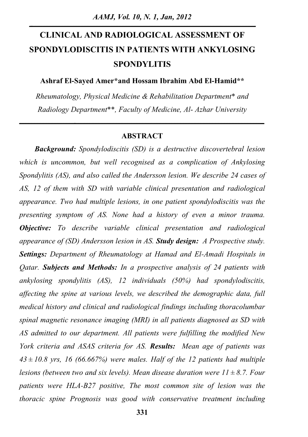 Clinical and Radiological Assessment of Spondylodiscitis in Patients with Ankylosing Spondylitis