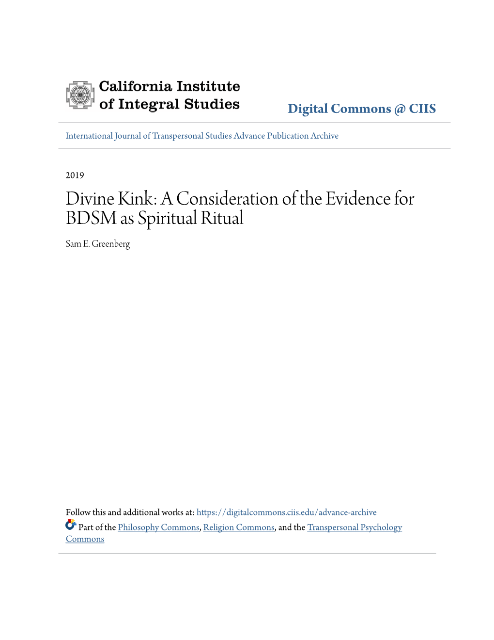 Divine Kink: a Consideration of the Evidence for BDSM As Spiritual Ritual Sam E