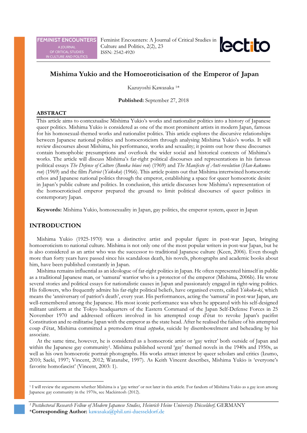 Mishima Yukio and the Homoeroticisation of the Emperor of Japan