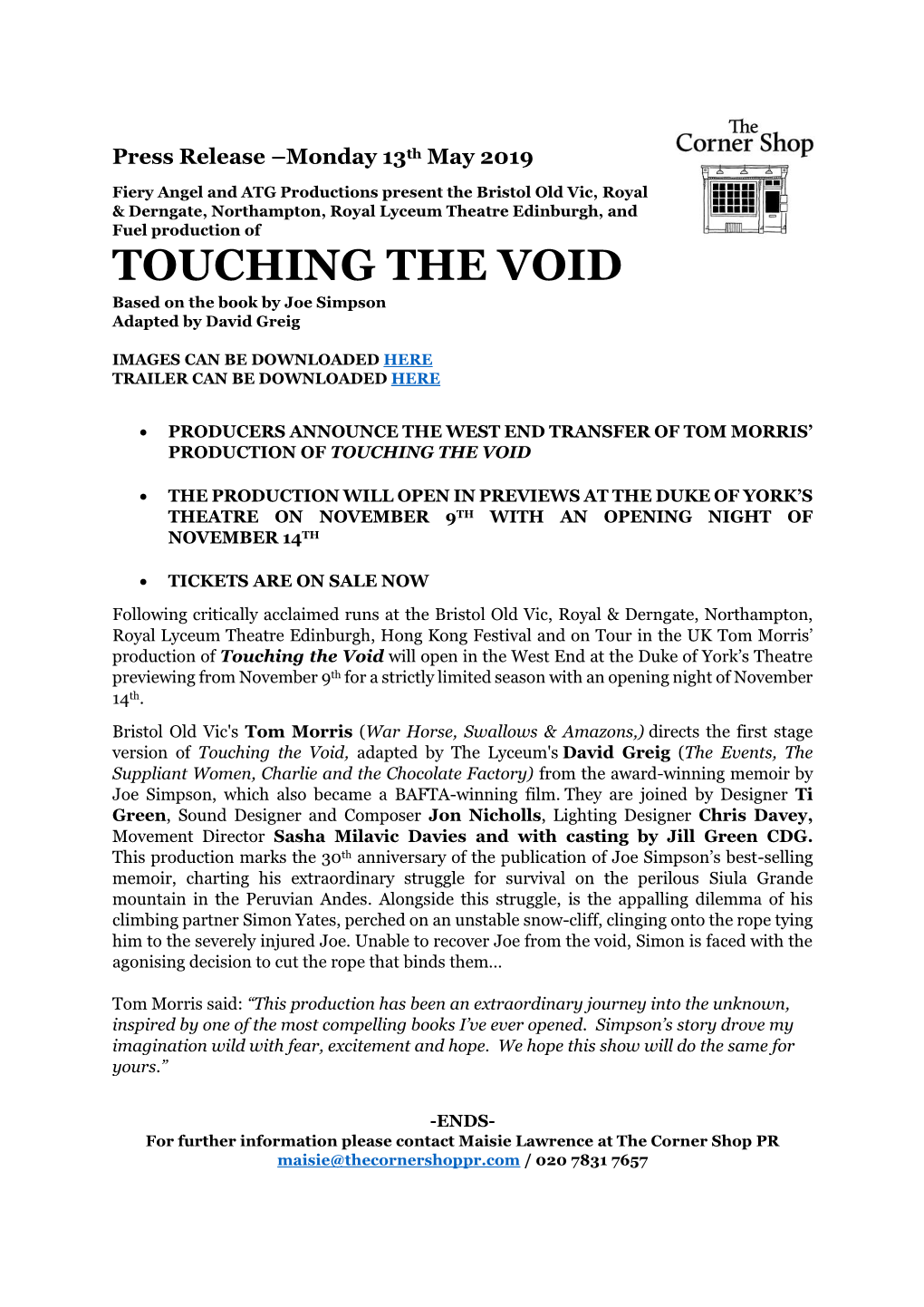 TOUCHING the VOID Based on the Book by Joe Simpson Adapted by David Greig