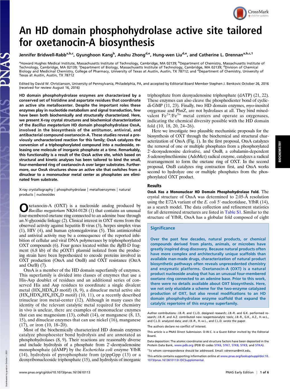 An HD Domain Phosphohydrolase Active Site Tailored for Oxetanocin-A Biosynthesis