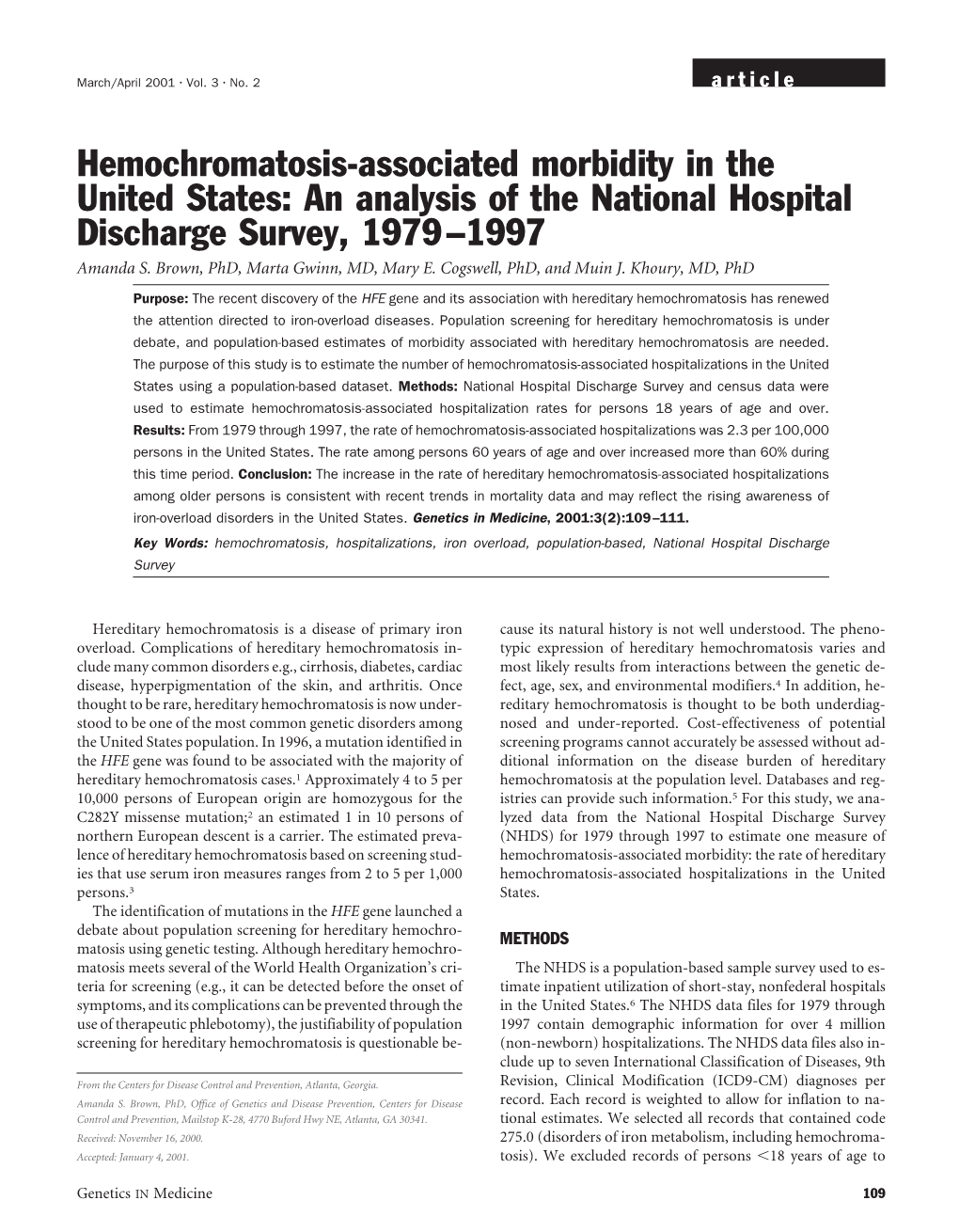 Hemochromatosis-Associated Morbidity in the United States: an Analysis of the National Hospital Discharge Survey, 1979–1997 Amanda S