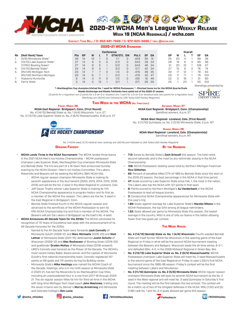 2020-21 WCHA Men's League WEEKLY RELEASE WEEK 19 (NCAA REGIONALS) / Wcha.Com