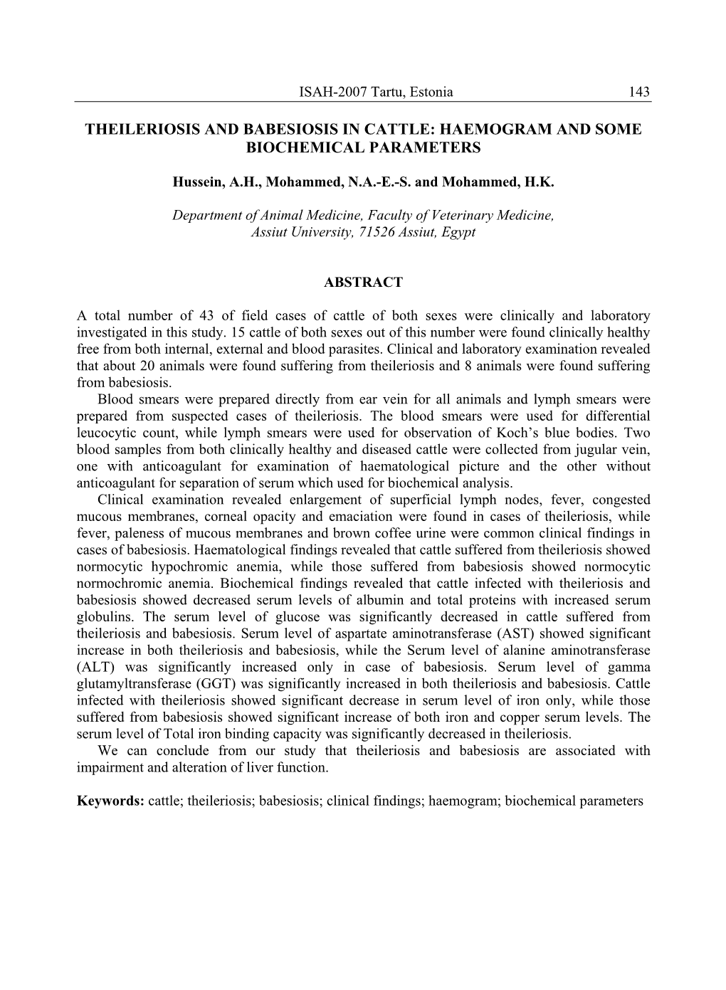 Theileriosis and Babesiosis in Cattle: Haemogram and Some Biochemical Parameters