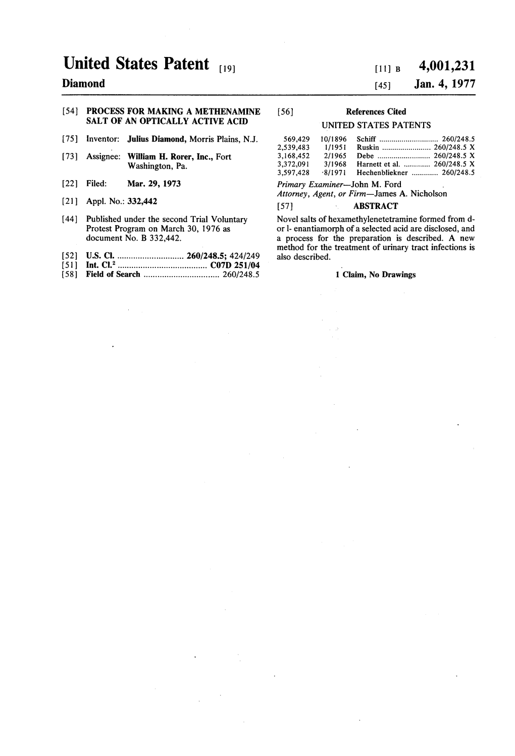 United States Patent to 11 B 4,001,231 Diamond 45 Jan