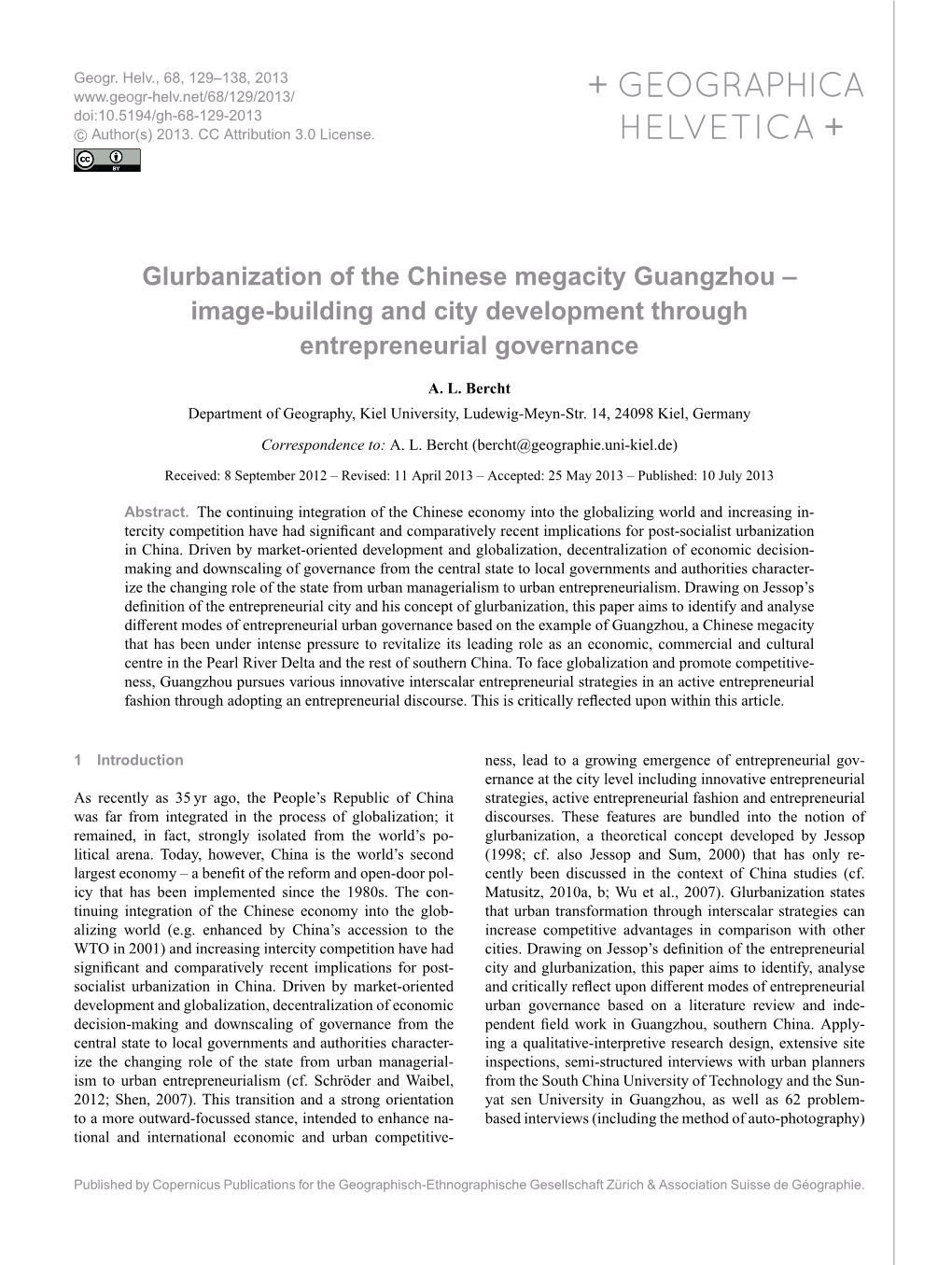 Glurbanization of the Chinese Megacity Guangzhou – Image-Building and City Development Through Entrepreneurial Governance