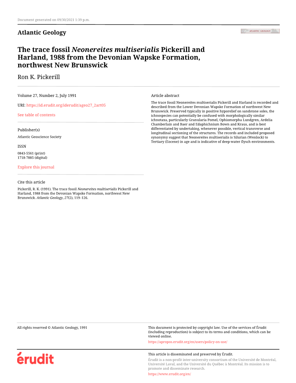 The Trace Fossil Neonereites Multiserialis Pickerill and Harland, 1988 from the Devonian Wapske Formation, Northwest New Brunswick Ron K