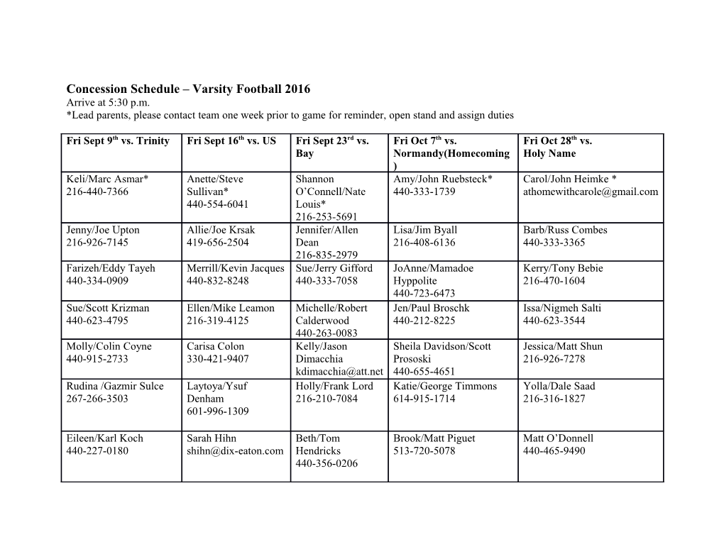 Concession Schedule Varsity Football 2016