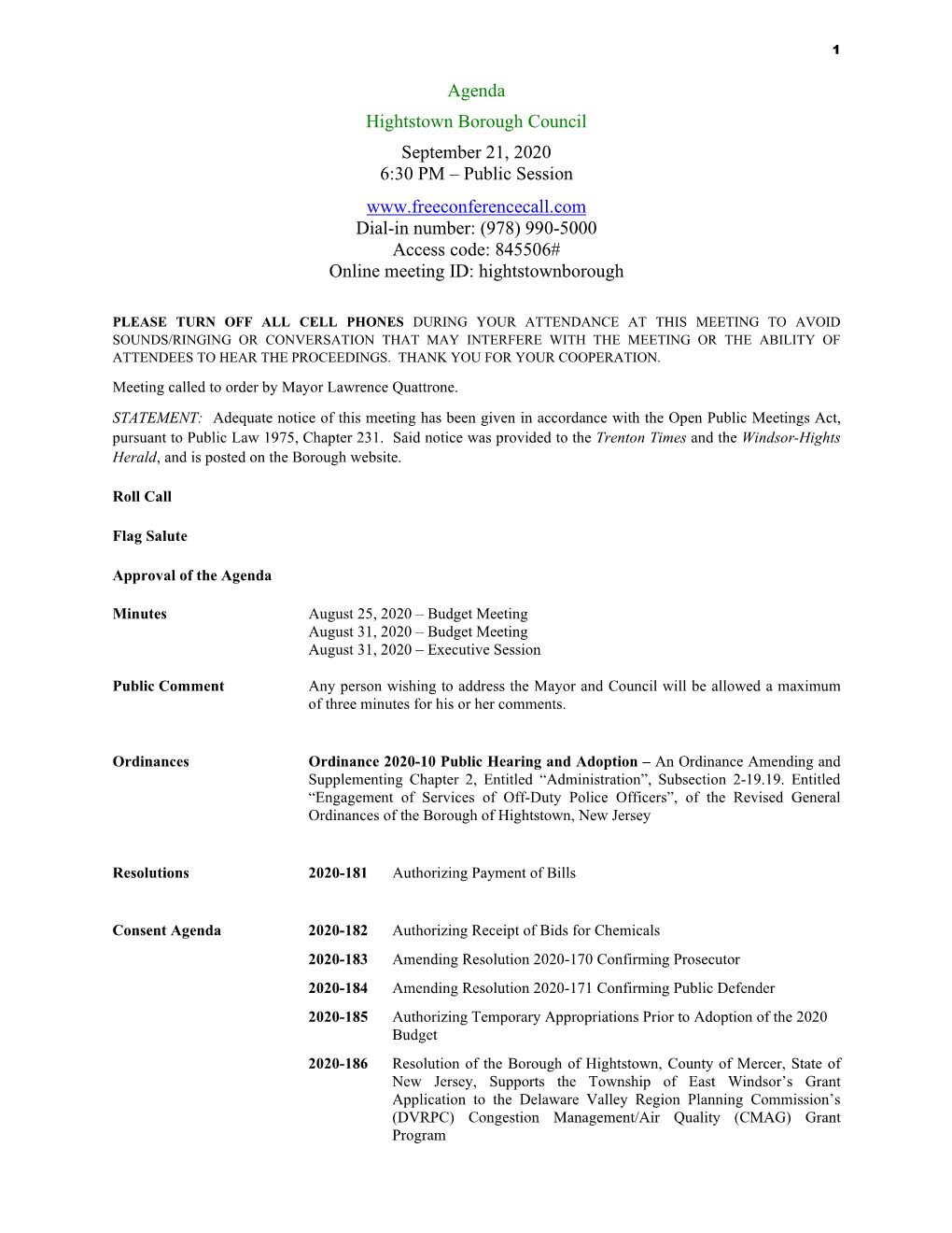 Agenda Hightstown Borough Council September 21, 2020 6:30 PM – Public Session Dial-In Number: (978)