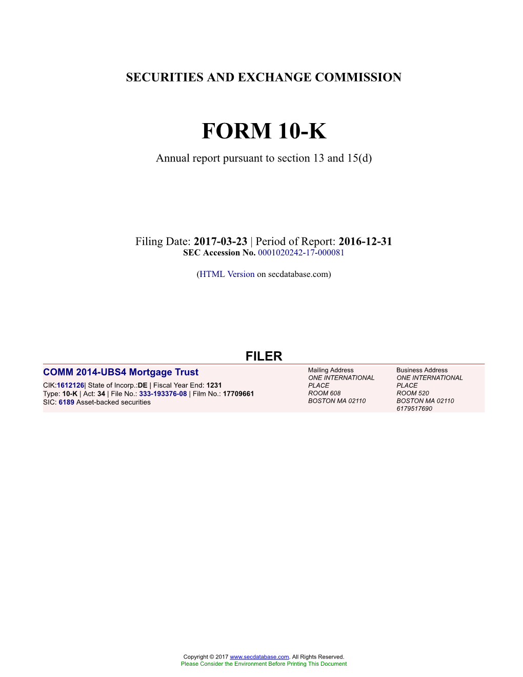 COMM 2014-UBS4 Mortgage Trust Form 10-K Annual Report Filed