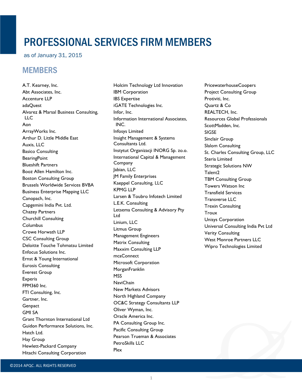 PROFESSIONAL SERVICES FIRM MEMBERS As of January 31, 2015 MEMBERS