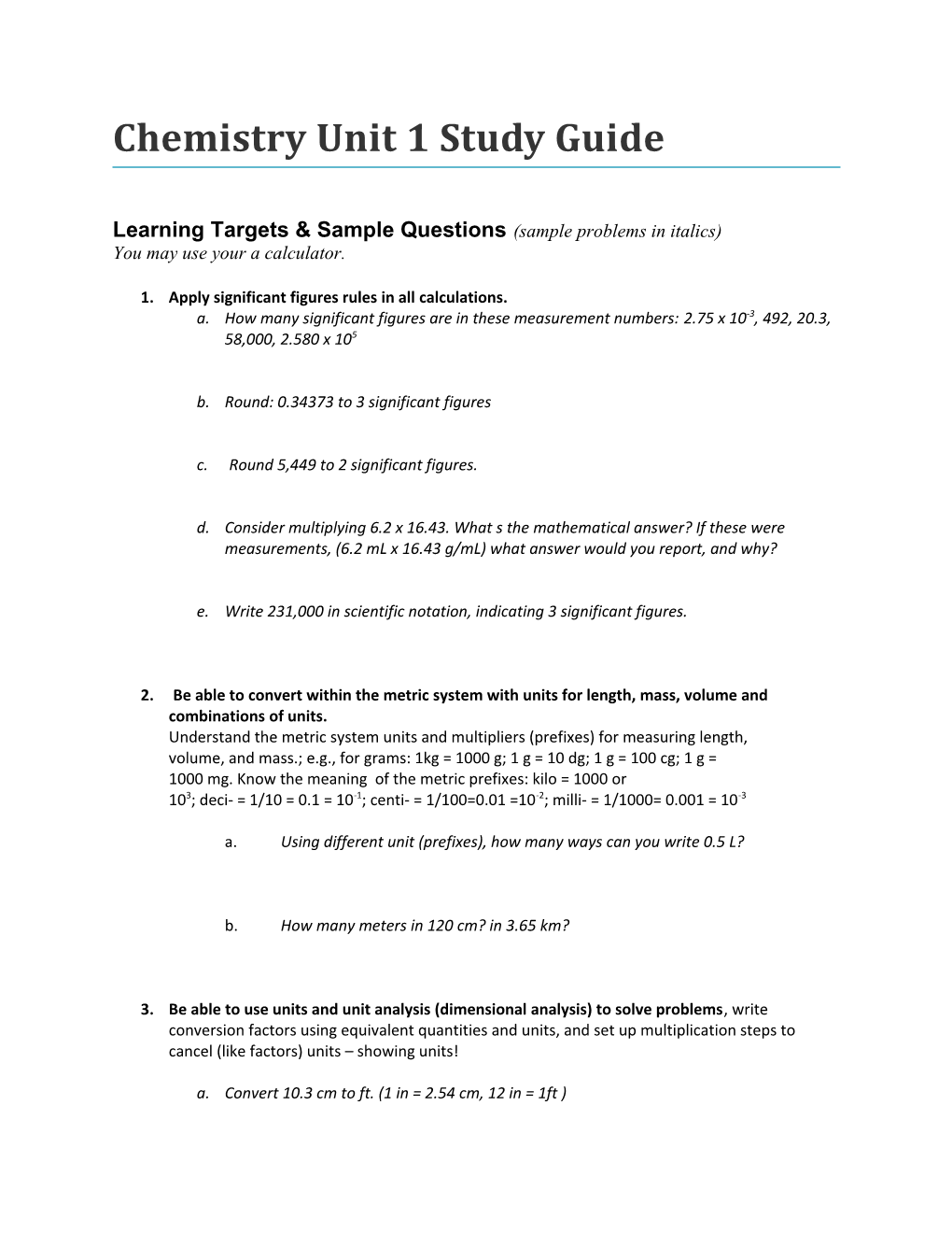 Chemistry Unit 1 Study Guide