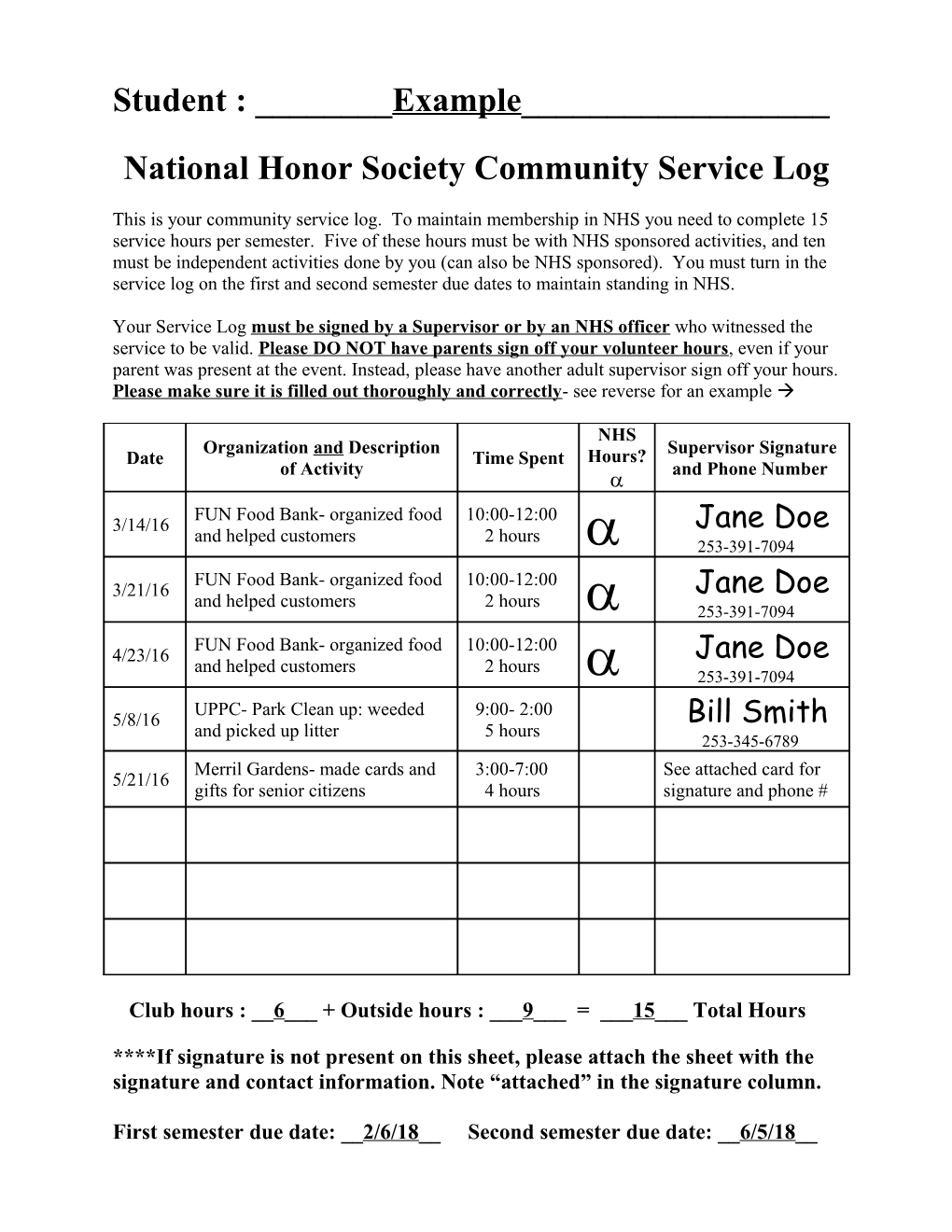 National Honors Society Community Service Log