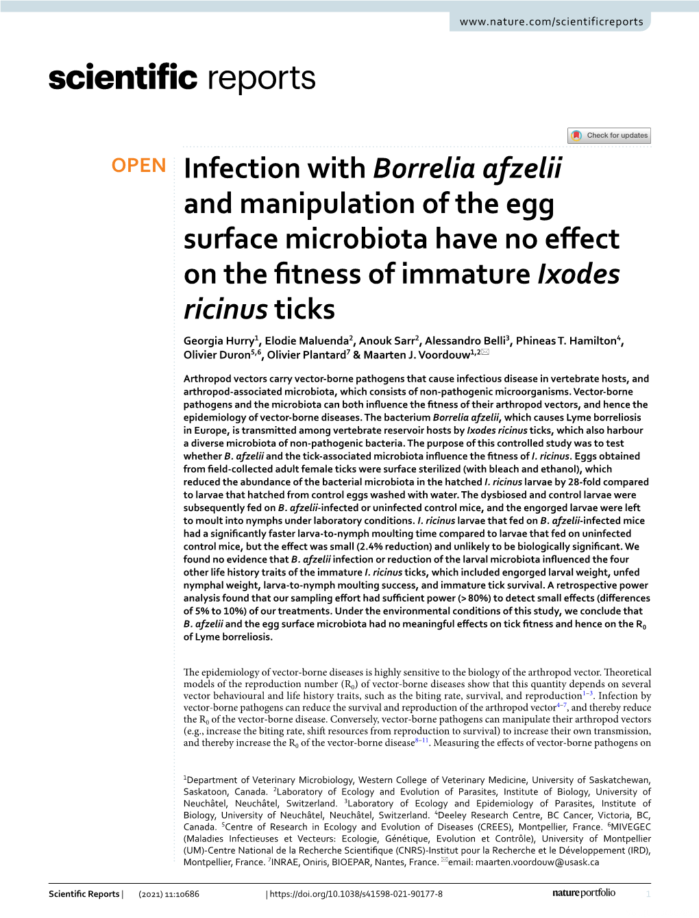 Infection with Borrelia Afzelii and Manipulation of the Egg Surface Microbiota Have No Effect on the Fitness of Immature Ixodes