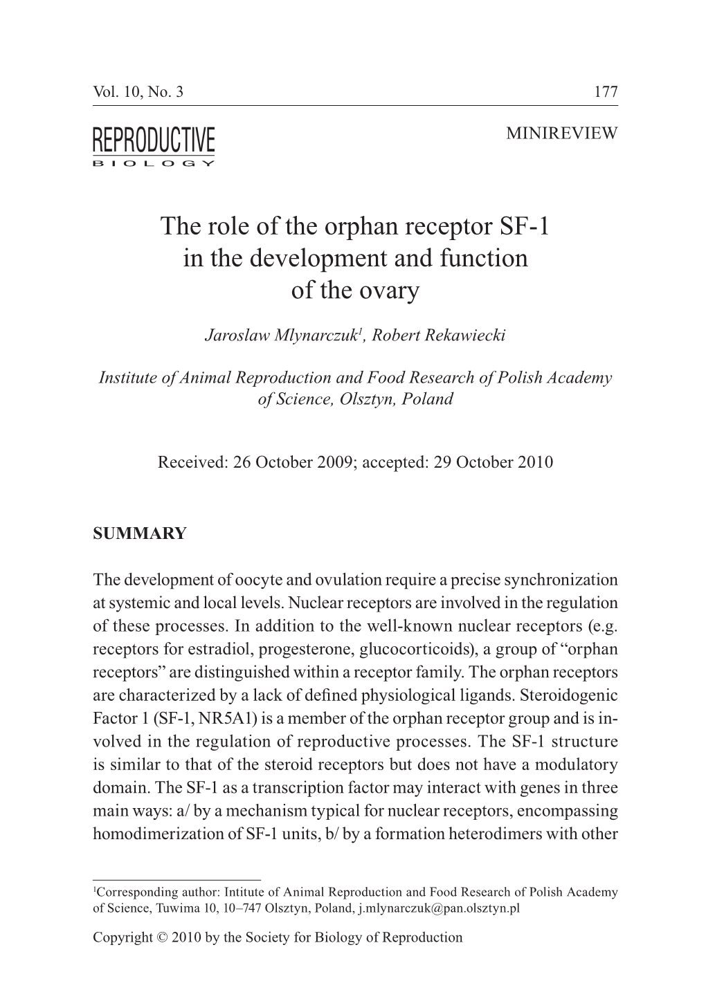 The Role of the Orphan Receptor SF-1 in the Development and Function of the Ovary