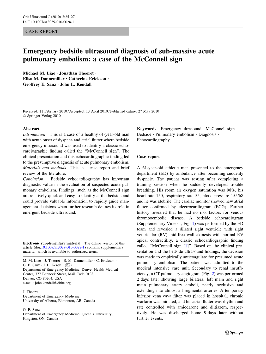 Emergency Bedside Ultrasound Diagnosis of Sub-Massive Acute Pulmonary Embolism: a Case of the Mcconnell Sign