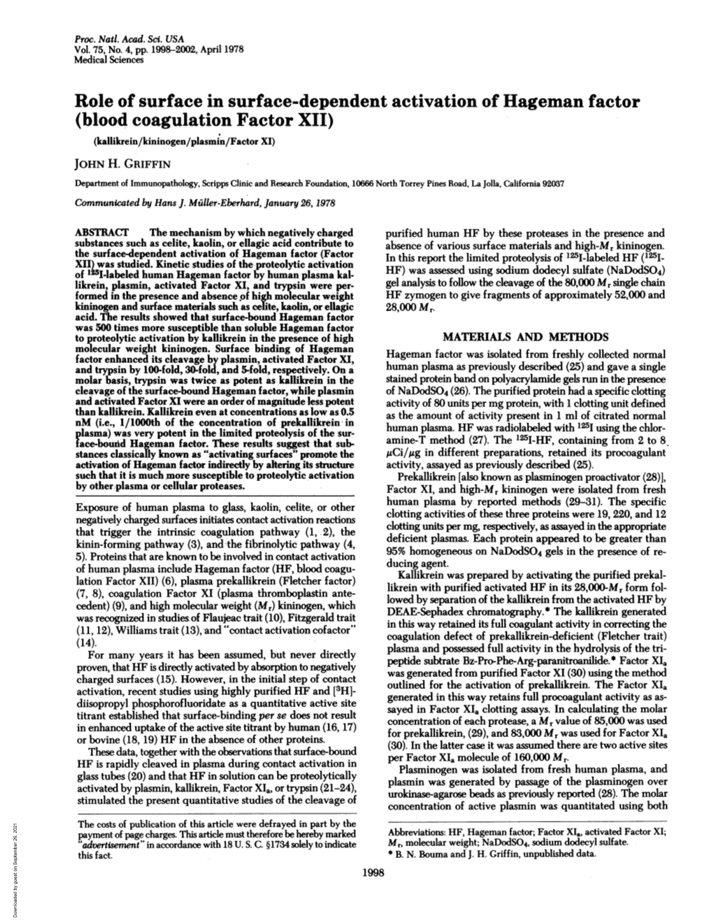 Blood Coagulation Factor XII) (Kallikrein/Kininogen/Plasmin/Factor XI) JOHN H