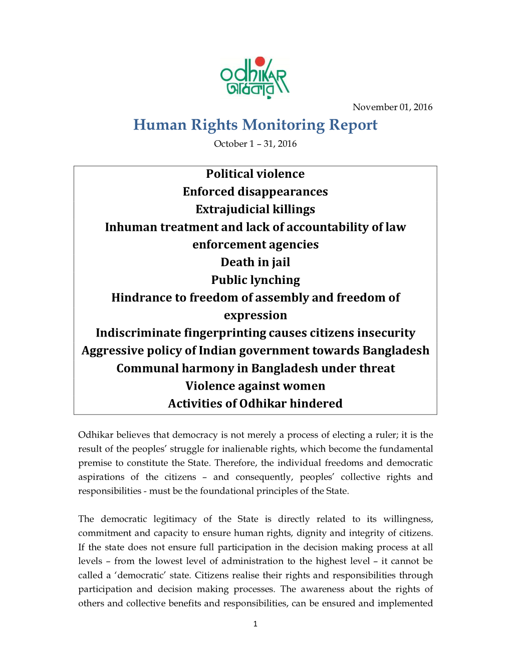 Human Rights Monitoring Report October 1 – 31, 2016
