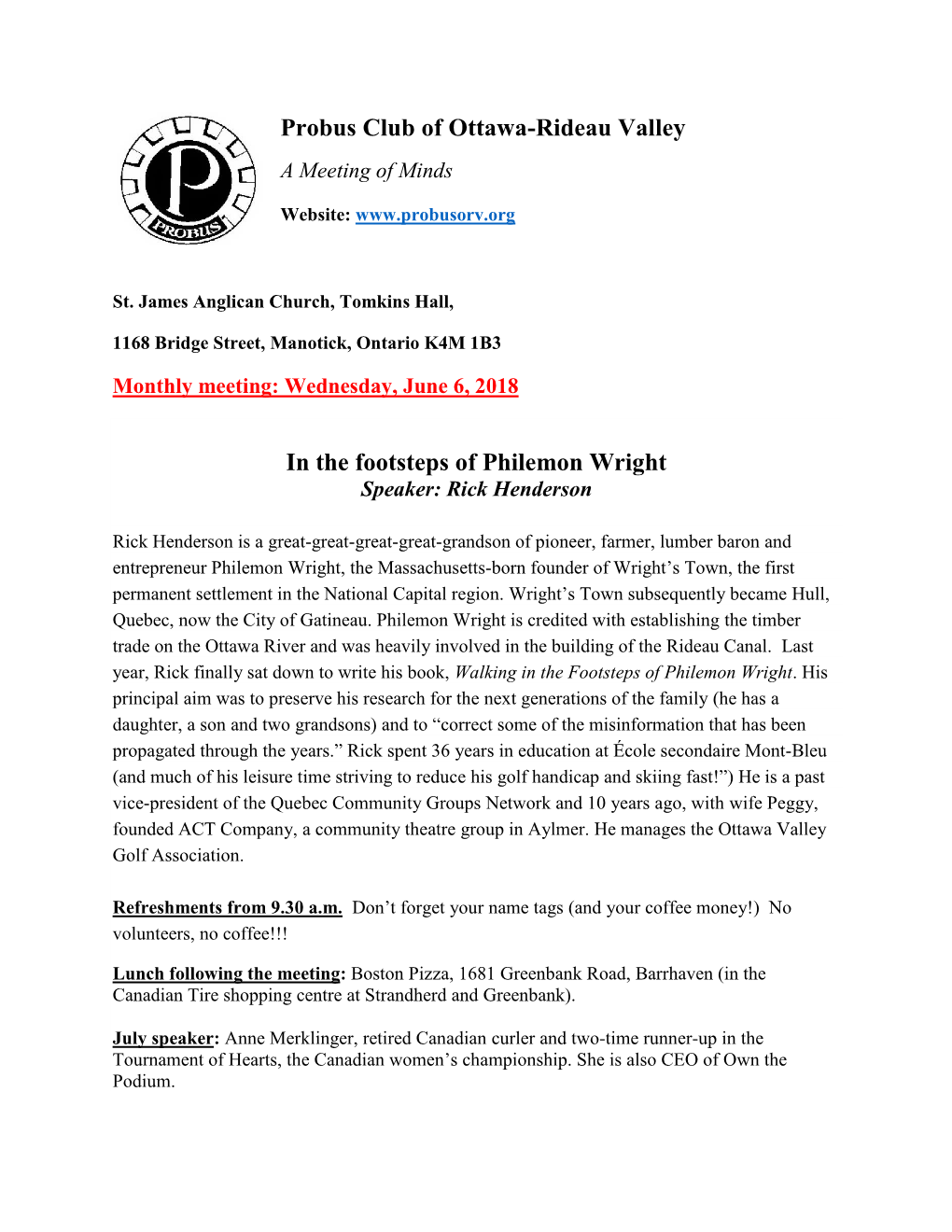 Probus Club of Ottawa-Rideau Valley in the Footsteps of Philemon Wright