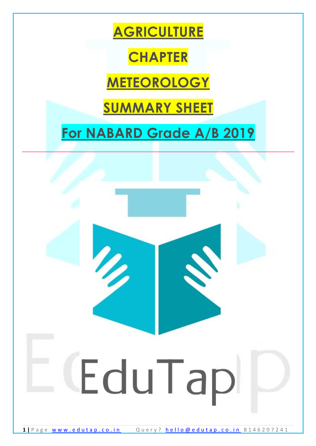 METEOROLOGY SUMMARY SHEET for NABARD Grade A/B 2019
