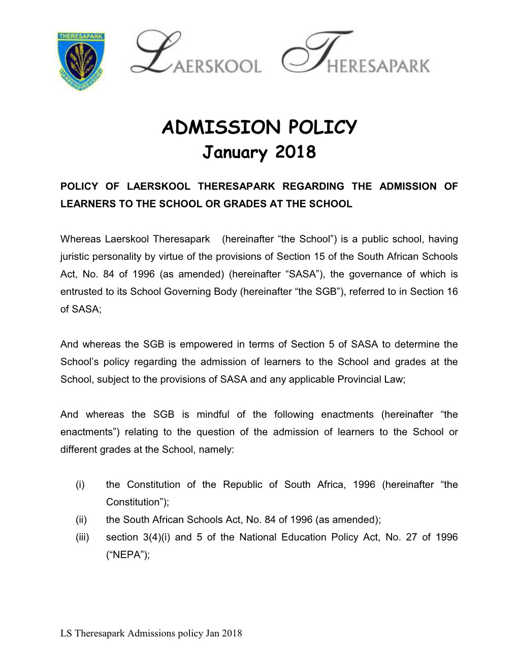 ADMISSION POLICY January 2018