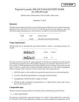 Proposal to Encode ADLAM NASALIZATION MARK for Adlam Script