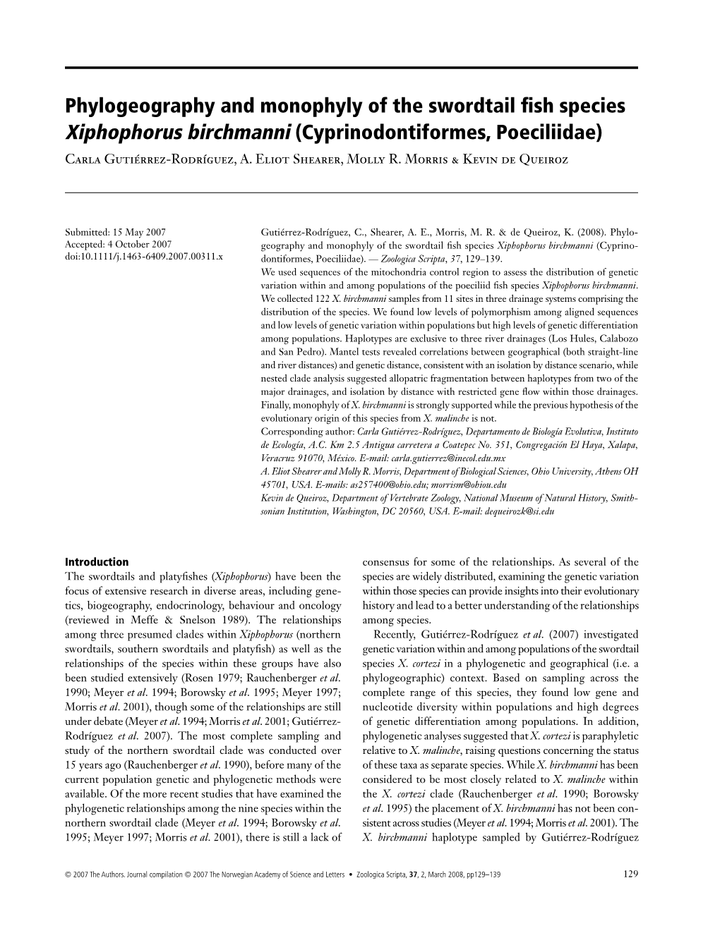 Phylogeography and Monophyly of the Swordtail Fish Species