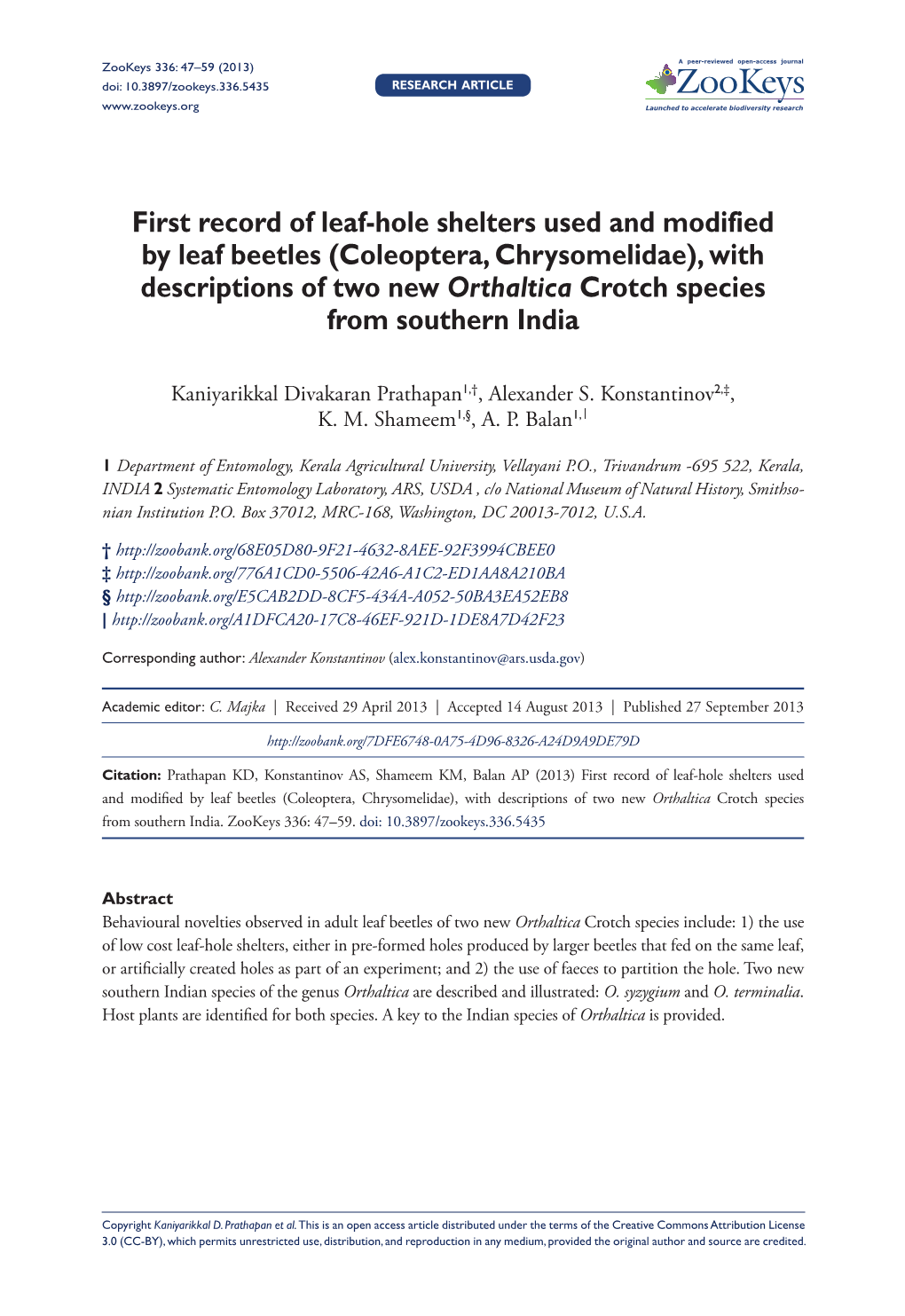 Coleoptera, Chrysomelidae), with Descriptions of Two New Orthaltica Crotch Species from Southern India