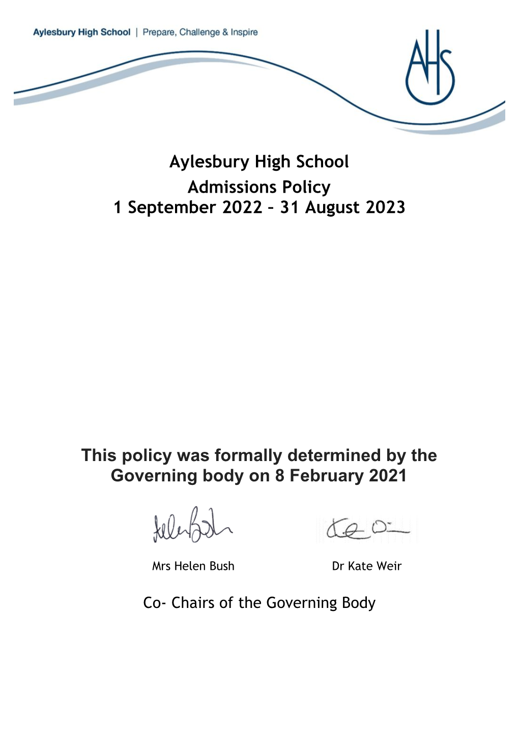 Aylesbury High School Admissions Policy 1 September 2022 – 31 August 2023