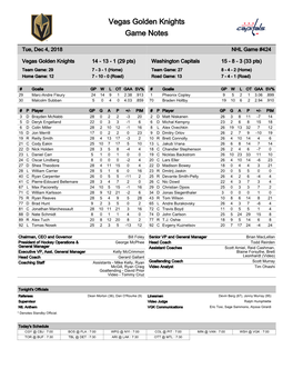 Vegas Golden Knights Game Notes