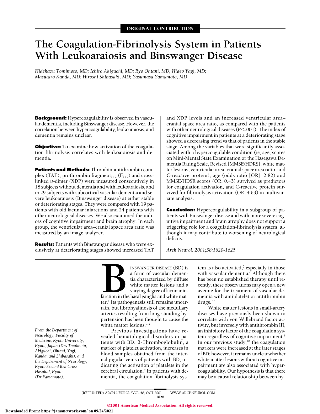 The Coagulation-Fibrinolysis System in Patients with Leukoaraiosis and Binswanger Disease