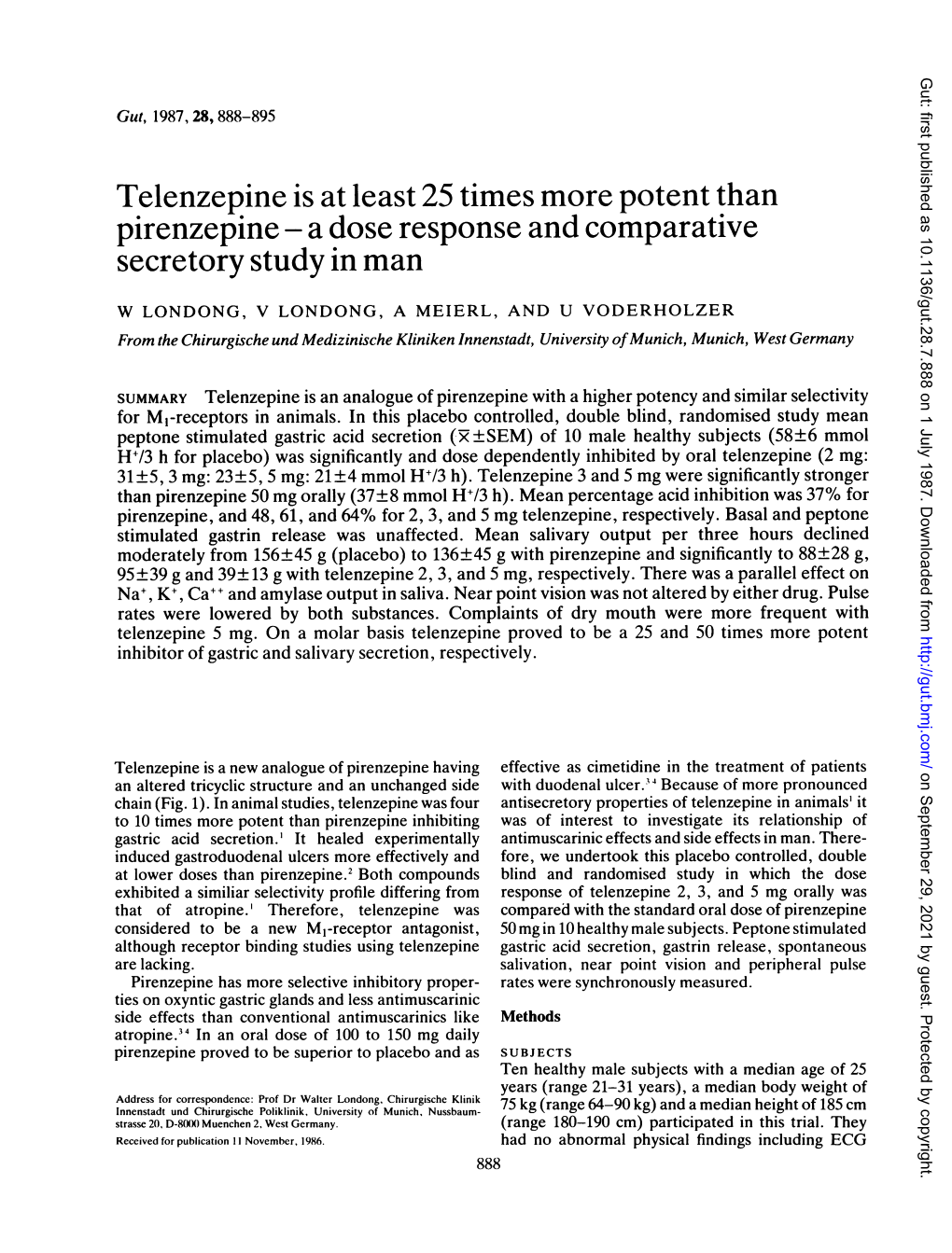 Telenzepine Is at Least 25 Times More Potent Than Pirenzepine - a Dose Response and Comparative Secretory Study in Man