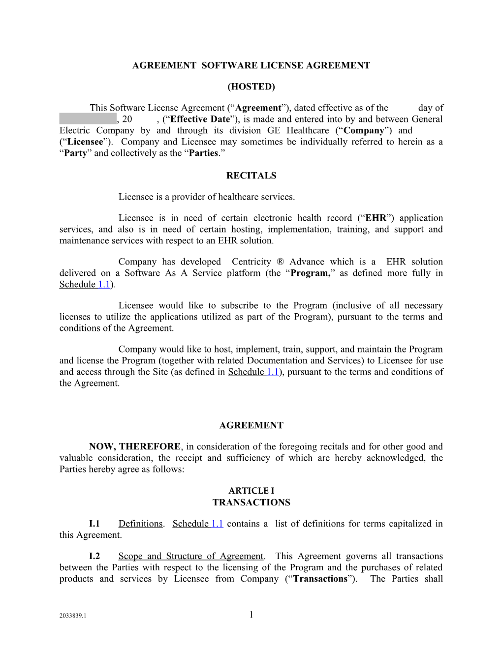 Agreement Software License Agreement