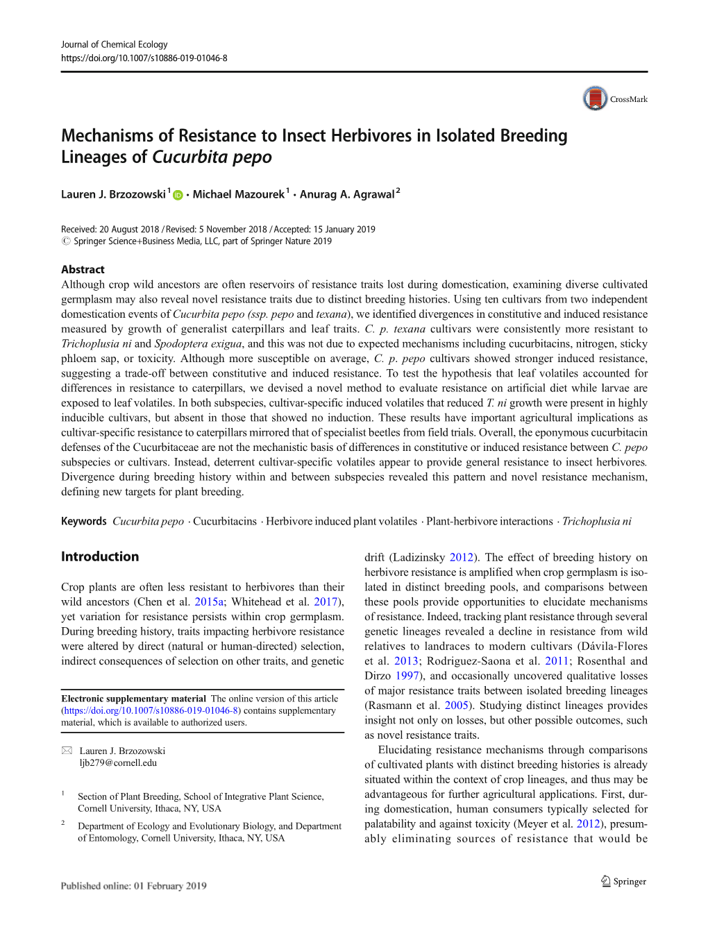 Mechanisms of Resistance to Insect Herbivores in Isolated Breeding Lineages of Cucurbita Pepo