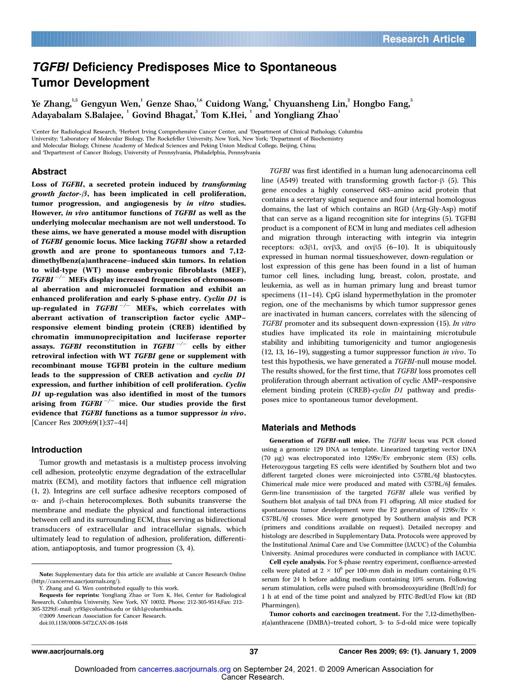 TGFBI Deficiency Predisposes Mice to Spontaneous Tumor Development