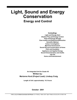 Light, Sound and Energy Conservation Energy and Control