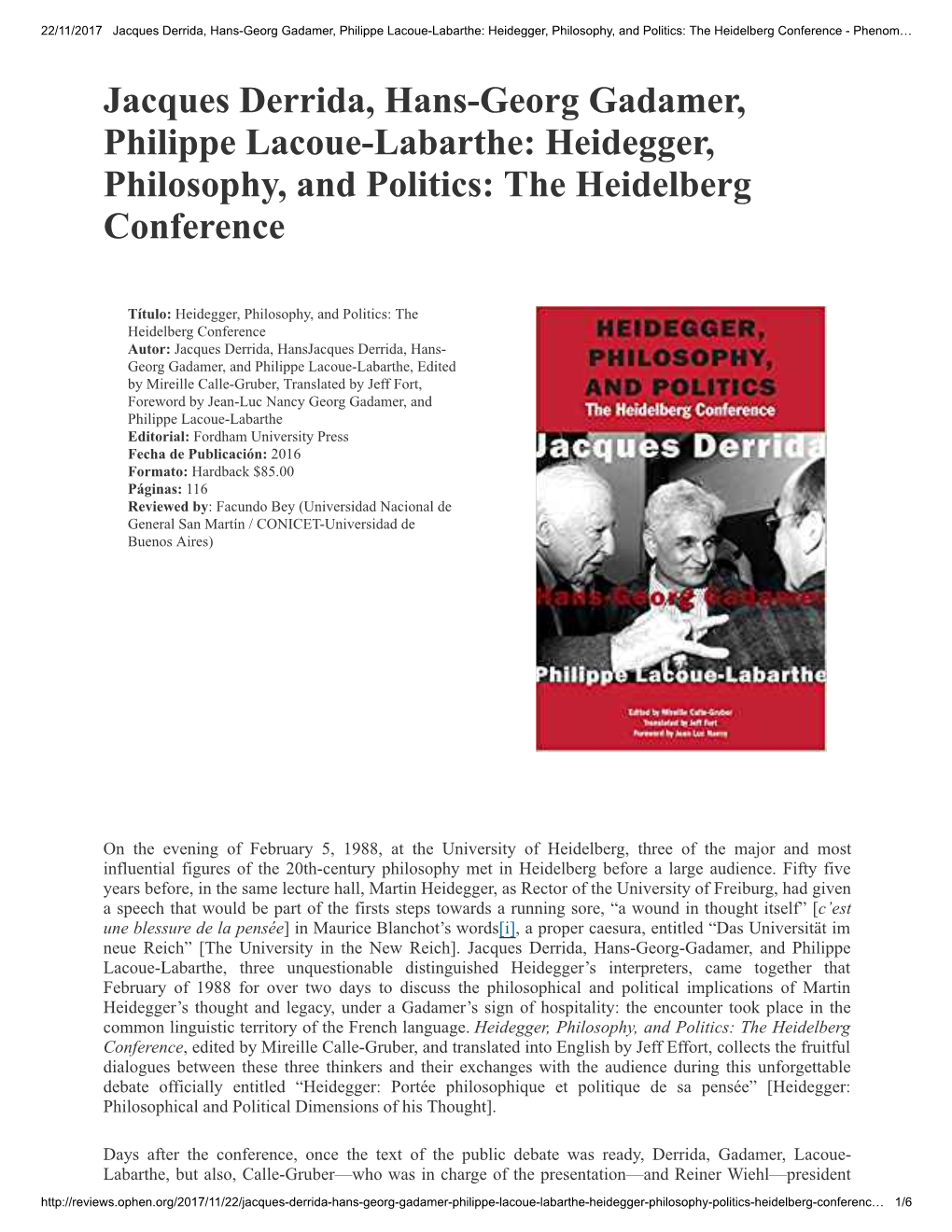 Jacques Derrida, Hans-Georg Gadamer, Philippe Lacoue-Labarthe: Heidegger, Philosophy, and Politics: the Heidelberg Conference - Phenom…