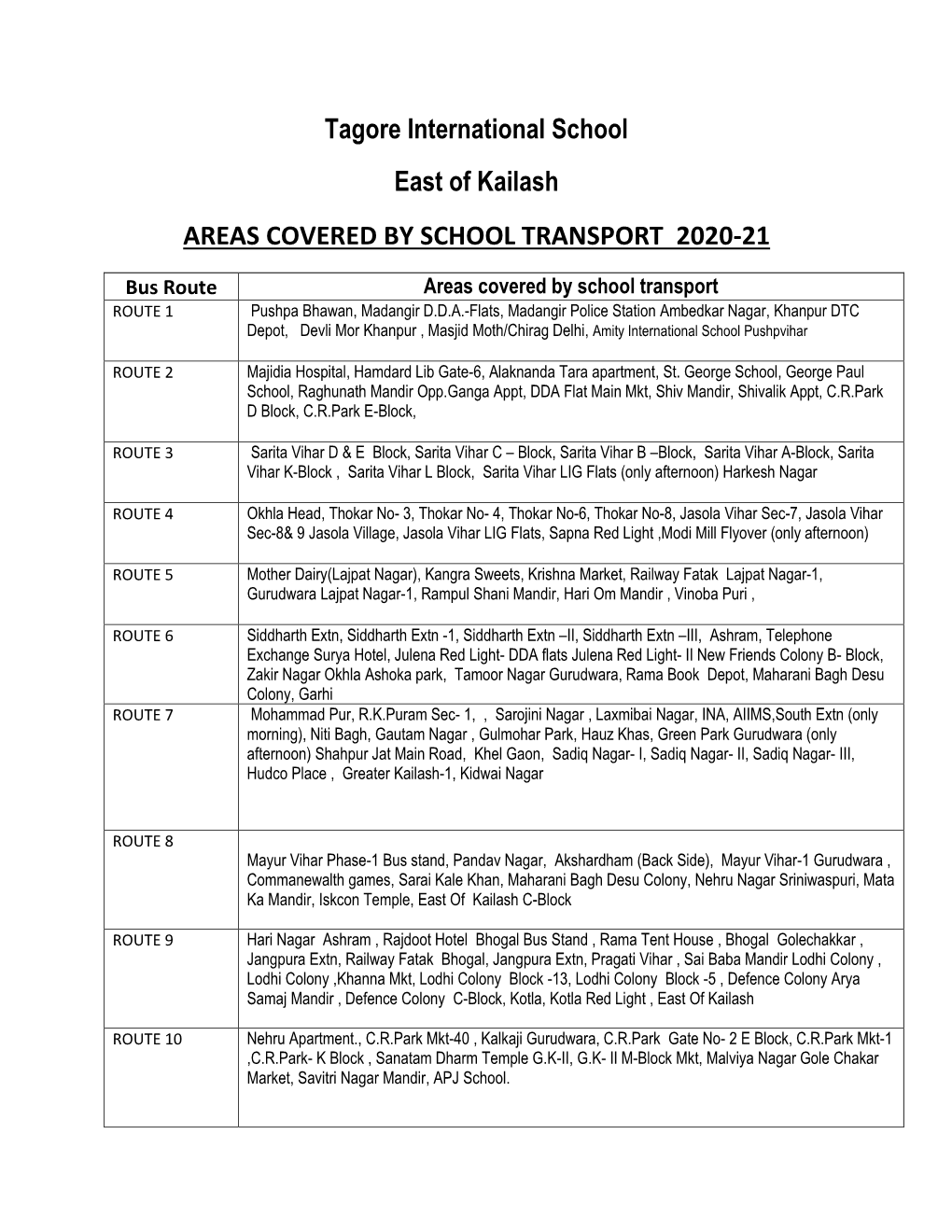 Bus Route Areas Covered by School Transport