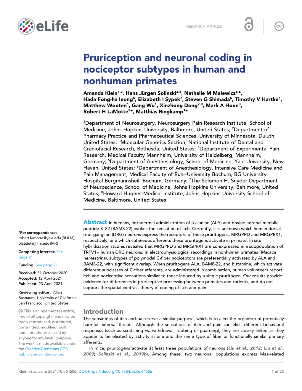 Pruriception and Neuronal Coding in Nociceptor Subtypes in Human And