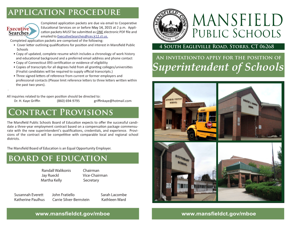 MANSFIELD Cation Packetsmust Be Submitted Asone Electronic PDF ﬁle and Emailed to Executivesearches@Ces.K12.Ct.Us