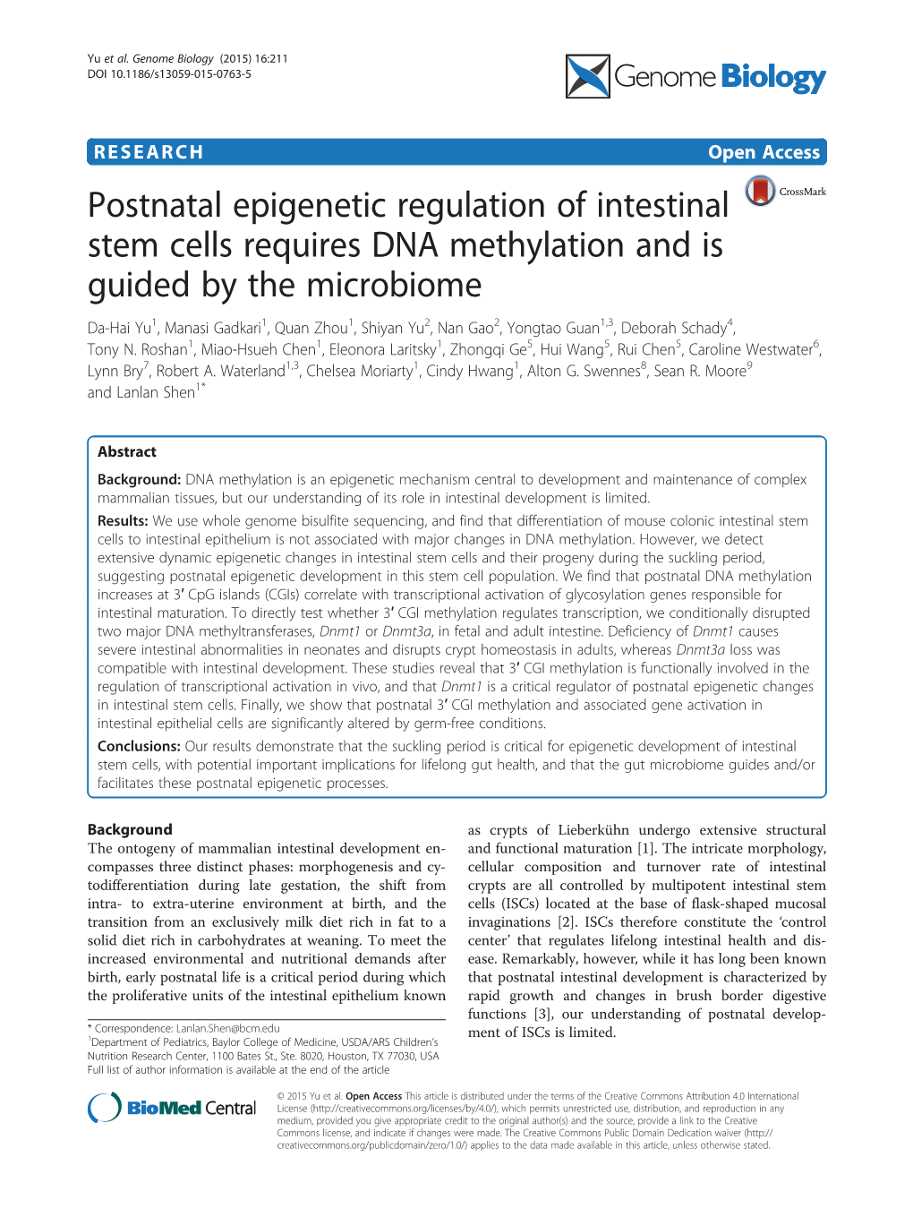 Postnatal Epigenetic Regulation of Intestinal Stem Cells Requires DNA Methylation and Is Guided by the Microbiome