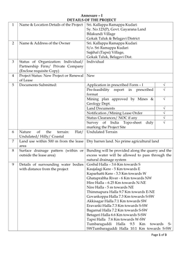 Annexure – I DETAILS of the PROJECT 1 Name & Location Details of the Project Sri. Kallappa Ramappa Kudari Sy. No.123(P)