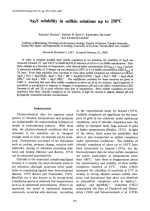 Ag2s Solubility in Sulfide Solutions up to 250°C in Order to Estimate Possible Silver Sulfide Complexes in Ore Solutions, the S